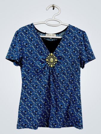 Tradition Blau gemustertes V-Ausschnitt verziertes Oberteil