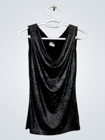 Judy Knapp Kalifornisches schwarzes glitzerndes Top mit Wasserfallausschnitt