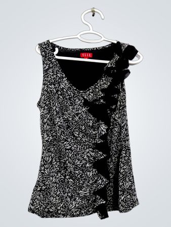 ELLE Damen schwarzes und weißes ärmelloses Rüschentop mit Blumenmuster Größe M
