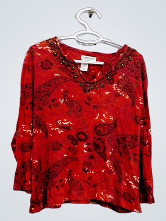 Coldwater Creek Damen Rotes Paisley Perlenverziertes V-Ausschnitt Langarmoberteil