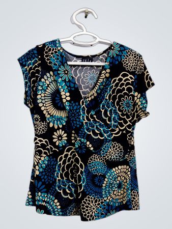 JKLA PETITES Damen Blaues Blumenmuster V-Ausschnitt Kurzarm-Oberteil