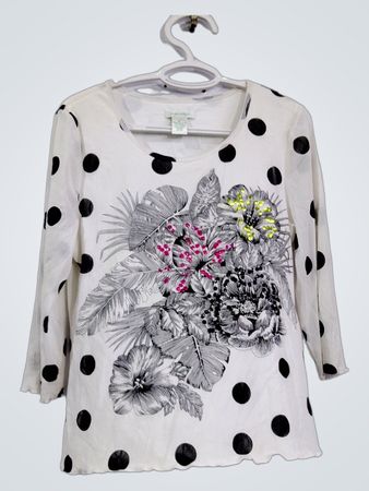 Laura Ashley Damen Oberteil mit schwarzen Polka-Dots und Blumenmuster, weiß