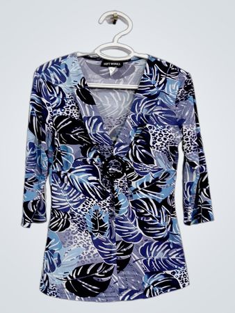 SOFT WORKS Damen Blaues Blätterdruck V-Ausschnitt 3/4-Arm Top