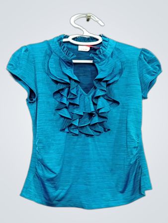 Teal Ruffle V-Ausschnitt-Bluse