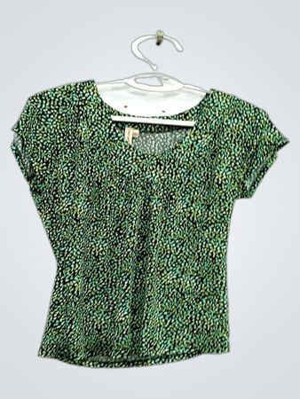 SUSAN LAWRENCE Damen Oberteil mit grünem Muster, kurze Ärmel, Größe M