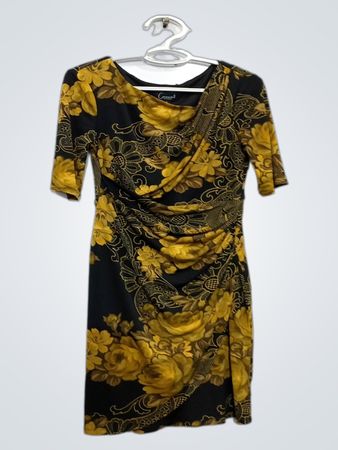 Connected Apparel Women's Black & Yellow Floral Print Ruched Dress