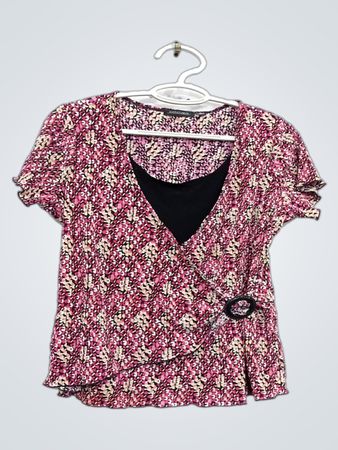 NOTATIONS Women's Pink Floral Print Faux Wrap Blouse