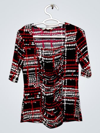 Cleo Petites Damenoberteil mit kariertem Muster in Rot, Schwarz und Weiß, Quadrat-Ausschnitt, Größe S