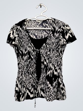 Fred Davis Petite Black and White Abstract Print Tie Neck Blouse