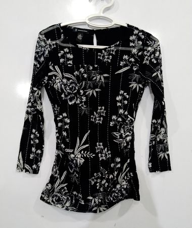 INC International Concepts Black Floral Print Sheer Long Sleeve Top