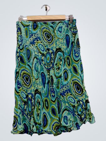 Green and blue paisley print midi skirt