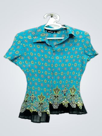 APT.9 Women's Blue Print Pleated Short Sleeve Shirt