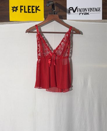 Red Sheer Lace Trim Babydoll