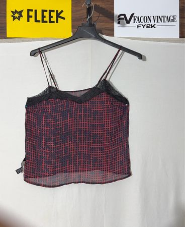 Forever 21 Haut caraco à imprimé écossais rouge et bleu avec bordure en dentelle noire