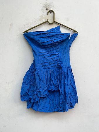 Blue Pleated Strapless Mini Dress