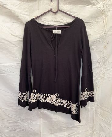 Black Long Sleeve Blouse with White Floral Details