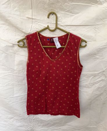 Red Sleeveless Top with Gold Polka Dots