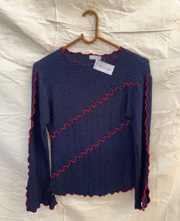 Blue Long-Sleeve Top with Red Trim