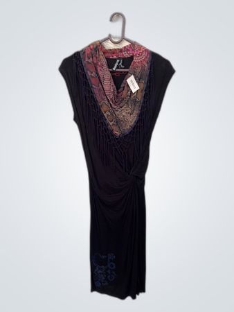 Black Fringed Dress with Floral Collar