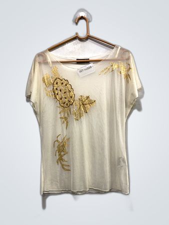 Sheer Blouse with Gold Floral Embroidery