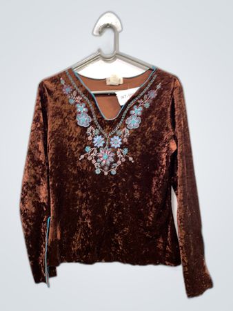 Brown Velvet Long-Sleeve Top with Floral Embroidery