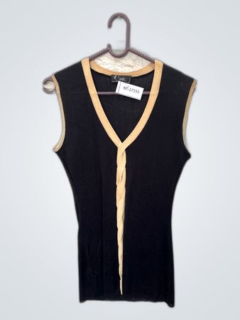 Black Sleeveless Top with Beige Trim