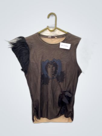 Brown Top with Black Feathers and Graphic