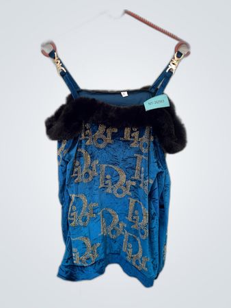 Blue Velvet Dress with Fur Trim