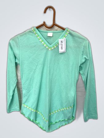 Mint Green Long-Sleeve Top with Floral Embroidery