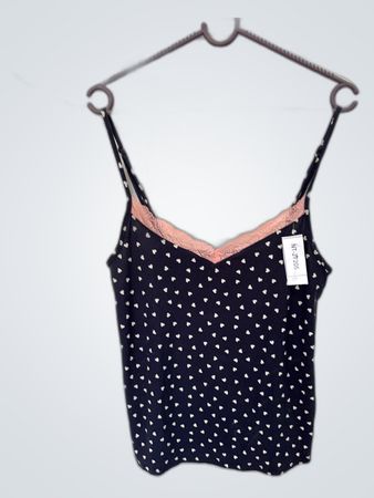 Women's Navy Blue Camisole with White Hearts and Pink Lace Trim