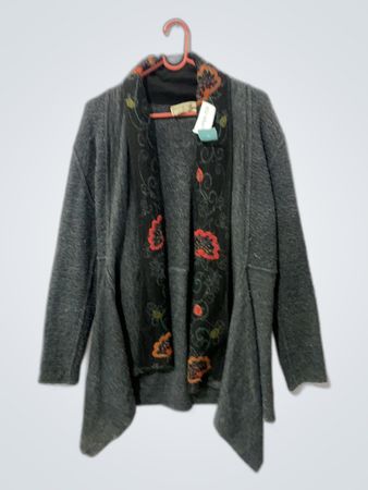 Gray Open Front Cardigan with Floral Lining