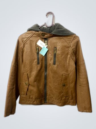 Brown Leather Jacket with Gray Hood