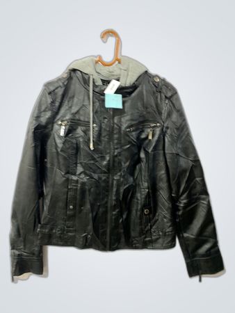 Leather Jacket with Gray Hood