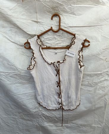White Sleeveless Top with Brown Trim