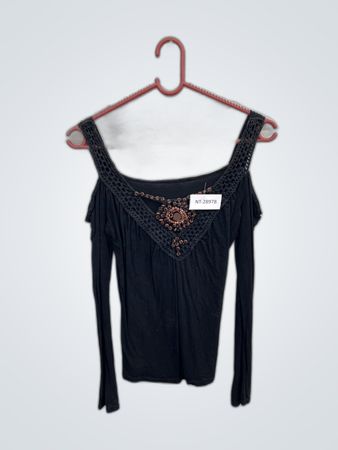 Black Long-Sleeve Top with Beaded Neckline