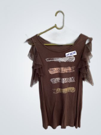 Brown Graphic T-Shirt Dress with Ruffled Sleeves