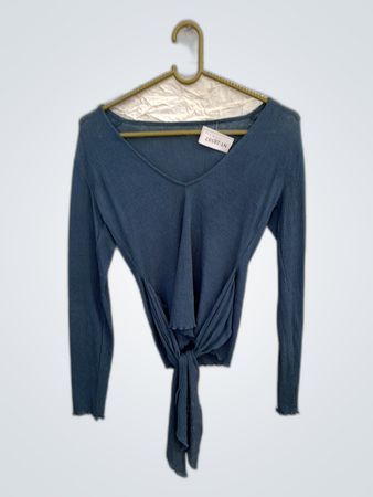Blue Long-Sleeve Tie-Front Top