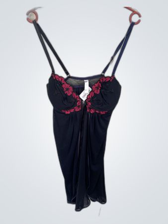 Black Chemise with Pink Floral Embroidery