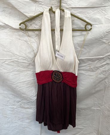 Brown, Red, and White Halter Neck Dress