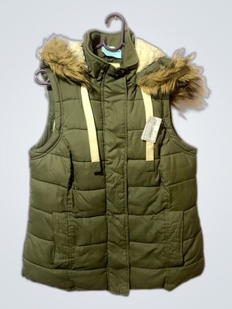 Green Puffer Vest with Fur Hood