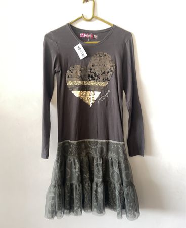 Gray Long-Sleeve Dress with Sequined Heart