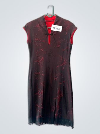 Sheer Black Dress with Red Lining and Floral Pattern