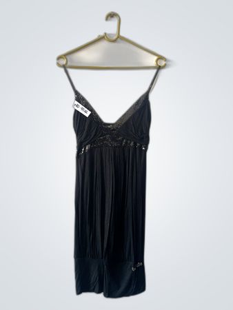 Black Silk Chemise with Lace Trim