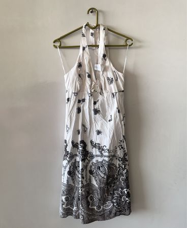 White and Black Floral Halter Neck Dress