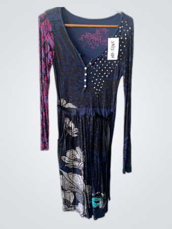Long Sleeve Blue Dress with Floral Pattern