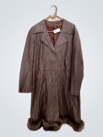 Brown Leather Coat with Fur Trim