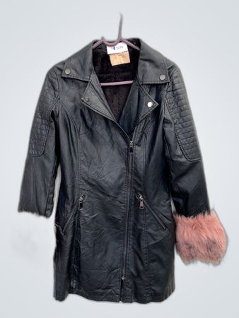 Unbranded Black Leather Biker Jacket with Pink Fur Cuffs