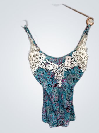 Blue Paisley Top with Lace Trim