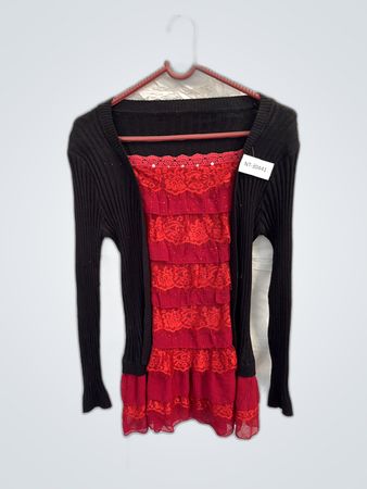 Black Cardigan with Red Lace Dress