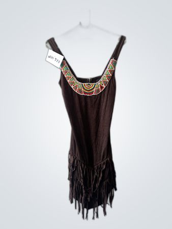 Brown Fringed Dress with Beaded Neckline
